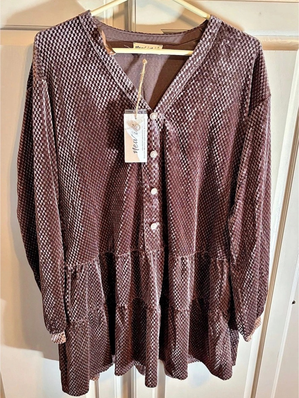 New In Geometric Tiered Dress/Blouse in Brown Size Medium NWT